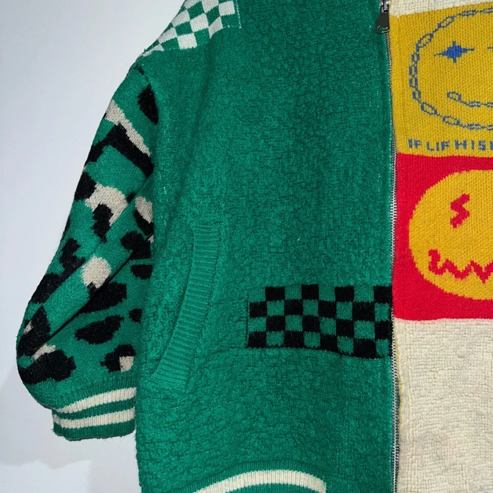 Rare Smiley Patchwork Knit Bomber Jacket Green Leopard Check Full Zip Streetwear